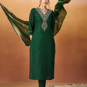 Women Kurti Pant Set Green Cotton Cambric V Neck Printed Kurta with Straight Pant Ethnic Wear Casual Office Festive Comfortable Stylish Kurti Set for Women